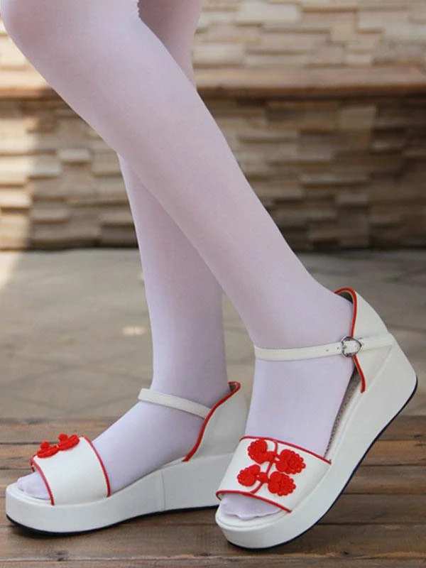 Lolitashow White Qi Lolita Sandals Platform Red Chinese Style Buttons - Image 4