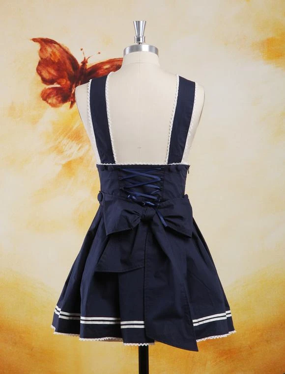 Lolitashow Navy Blue Cotton Lolita Skirt Salopette Beige Stripe - Image 7