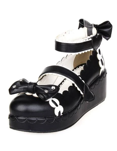 Lolitashow Sweet Lolita Shoes Platform Ankle Strap Bows Decor White Trim - Image 11