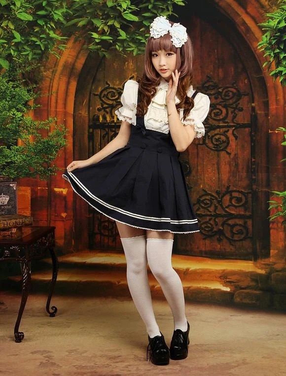 Lolitashow Navy Blue Cotton Lolita Skirt Salopette Beige Stripe - Image 3