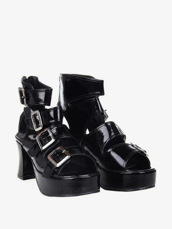 Fantastic Buckles PU Leather Black Lolita Sandals - Image 4