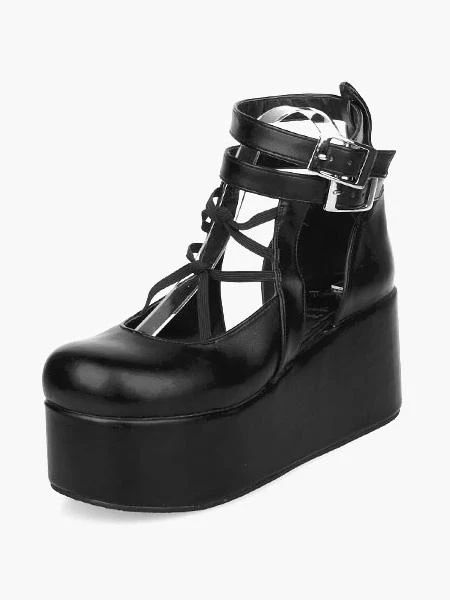 Lolitashow Black Lolita High Platform Shoes Ankle Straps PU Leather - Image 4