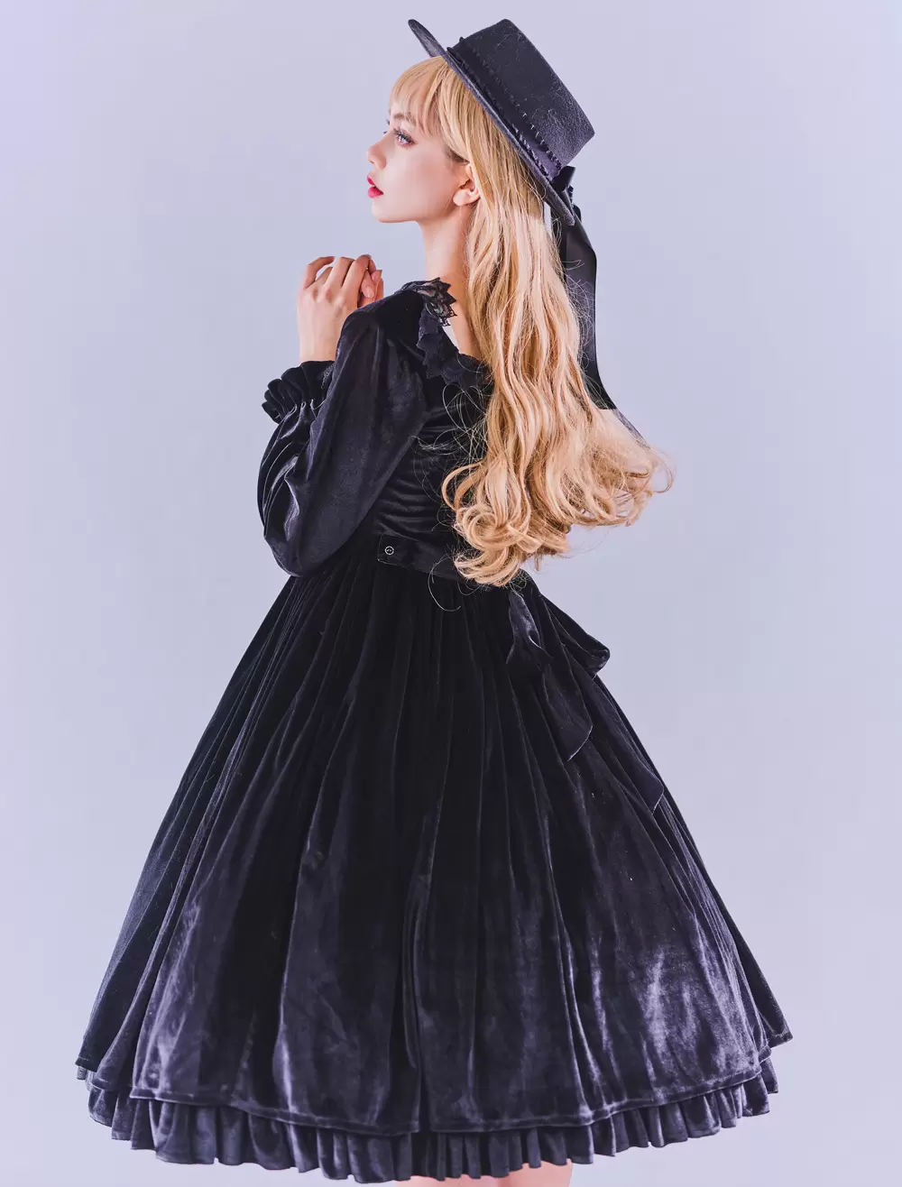 Lolitashow Exclusive Gothic Lolita Dresses Ruffles Lace Black Long Sleeve Velour Daily Casual Dress - Image 3