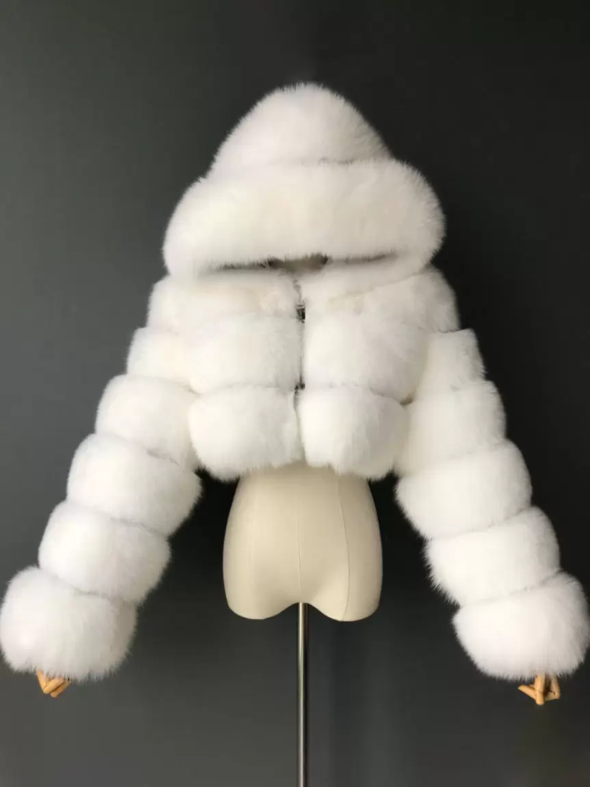White Faux Fur Coats Hooded Short Jacket Women's Winter Outerwear