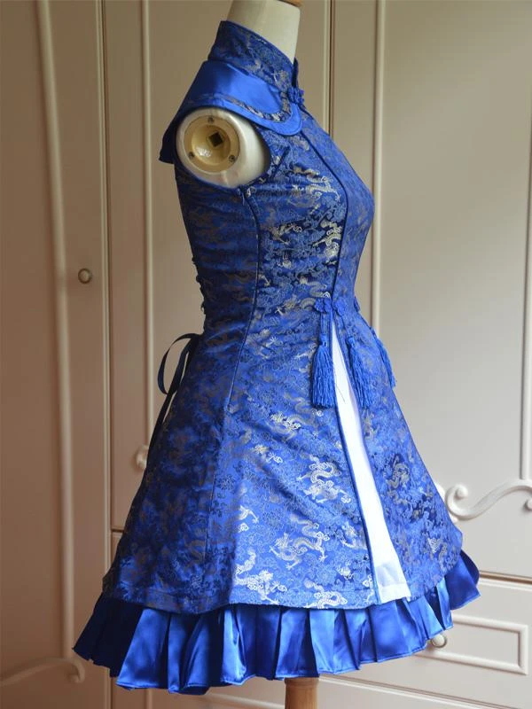 Classic Blue Qi Lolita Dress Sleevesless Lace Up Printed Satin - Image 3