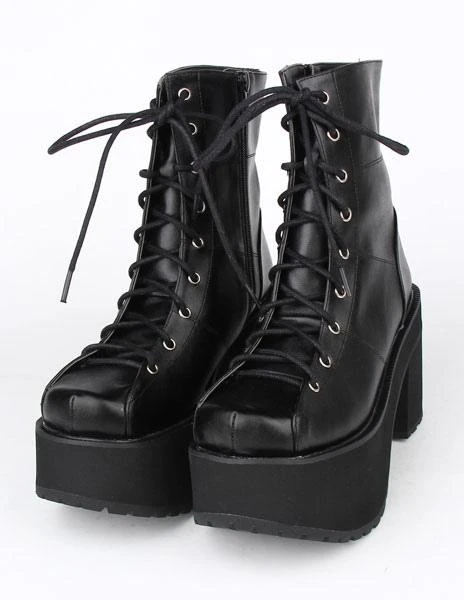Lolitashow Black Lace Up PU Lolita Boots For Girls