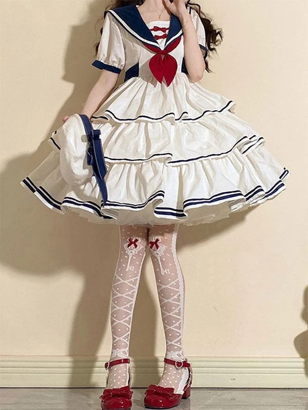 Sweet Lolita Dress Polyester Short Sleeves Dress Navy Style Lolita Dress - Image 3