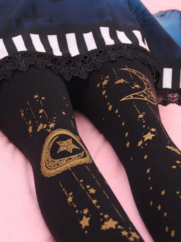 Sweet Lolita Stockings Black Moon And Starlet Velvet Tight High Lolita Socks - Image 5