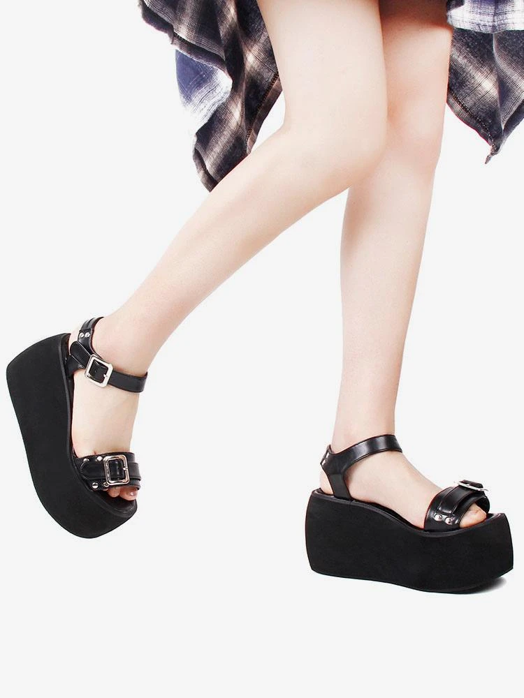 Steampunk Lolita Sandals Open Toe PU Leather Black Lolita Summer Shoes - Image 5